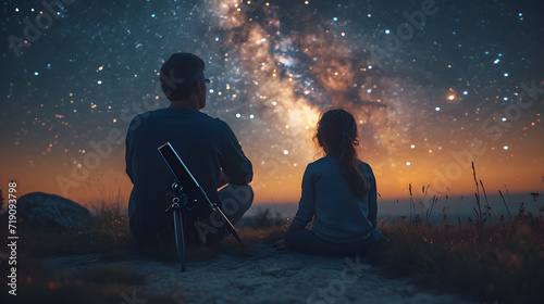 Stargazing with Telescope, Father and Daughter Exploring Night Sky, Astronomical Observation