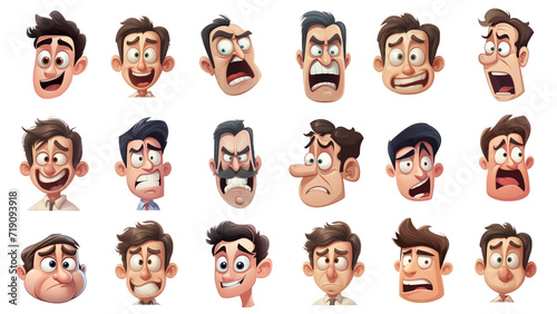 Cartoon facial expressions set cut out. Happy, sad and angry facial expression in cartoon style
