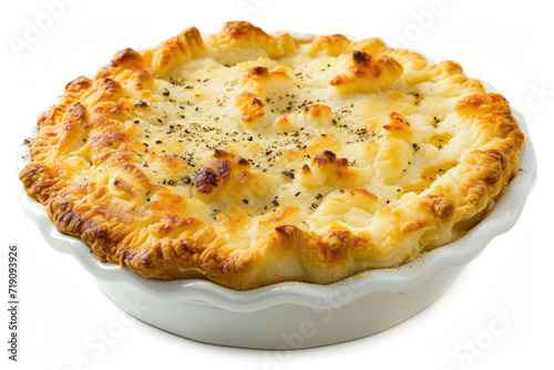 A classic Sheperd's pie skillfully layered and baked to perfection on white background