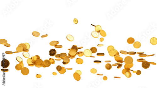 Golden coins cut out. Gold falling coin on transparent background photo
