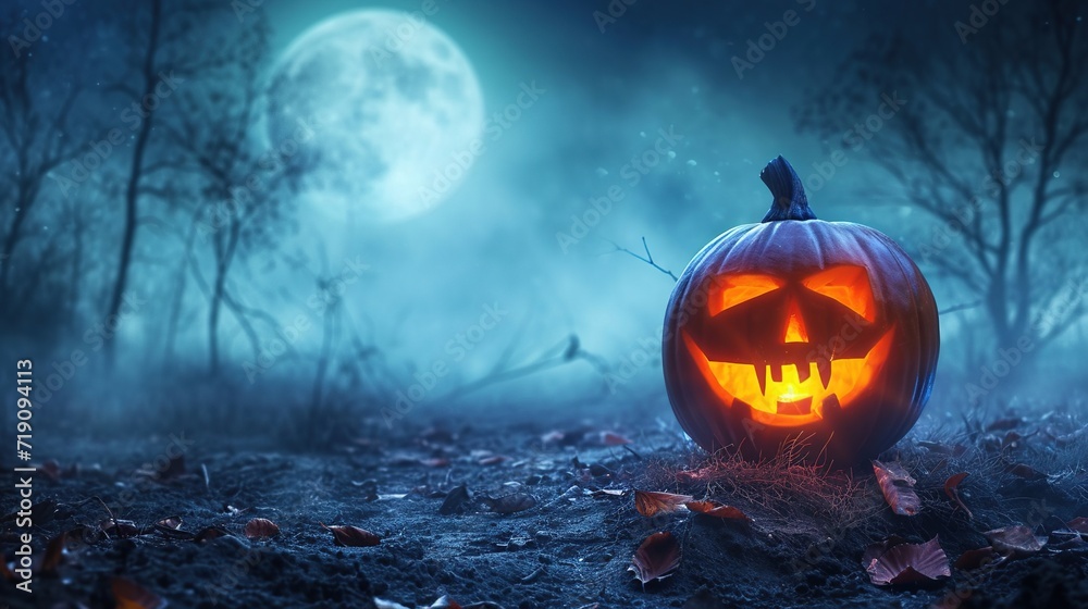 Naklejka premium Spooky Halloween Pumpkin in Moonlit Night,A carved Halloween pumpkin glows ominously under a full moon amidst a misty, eerie autumn night.