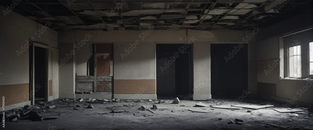 Inside a dark and dim abandoned house or small building. Dark and dim ...