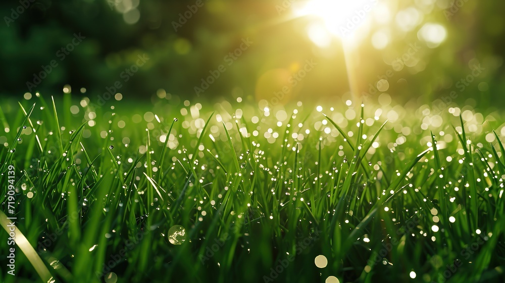 The warmth of a sunrise bathes a field of lush green grass, dotted with sparkling morning dew, in a soft, golden light.