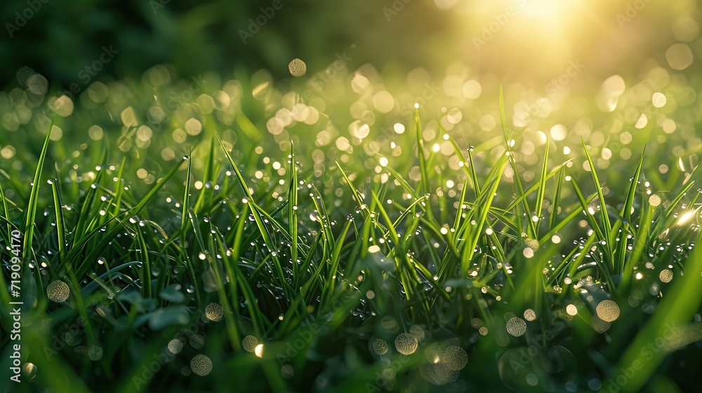 Glistening dewdrops on blades of green grass capture the early morning sunlight, creating a sparkling natural backdrop.