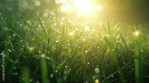 Fresh morning dew clings to vibrant green grass, illuminated by the golden rays of the rising sun.
