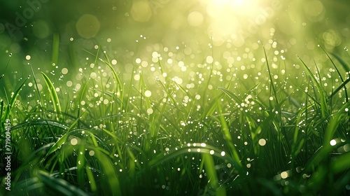 The morning sun filters through, casting a glow on the dew-covered grass, creating a magical, sparkling green landscape.