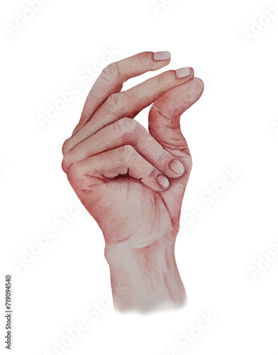 Watercolor finger snap icon. Easy sticker. Finger click flick hand gesture illustration.