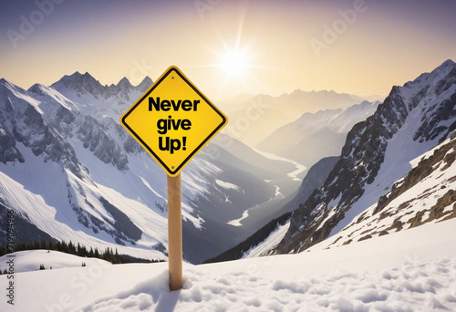 a yellow sign against a snowy mountain backdrop