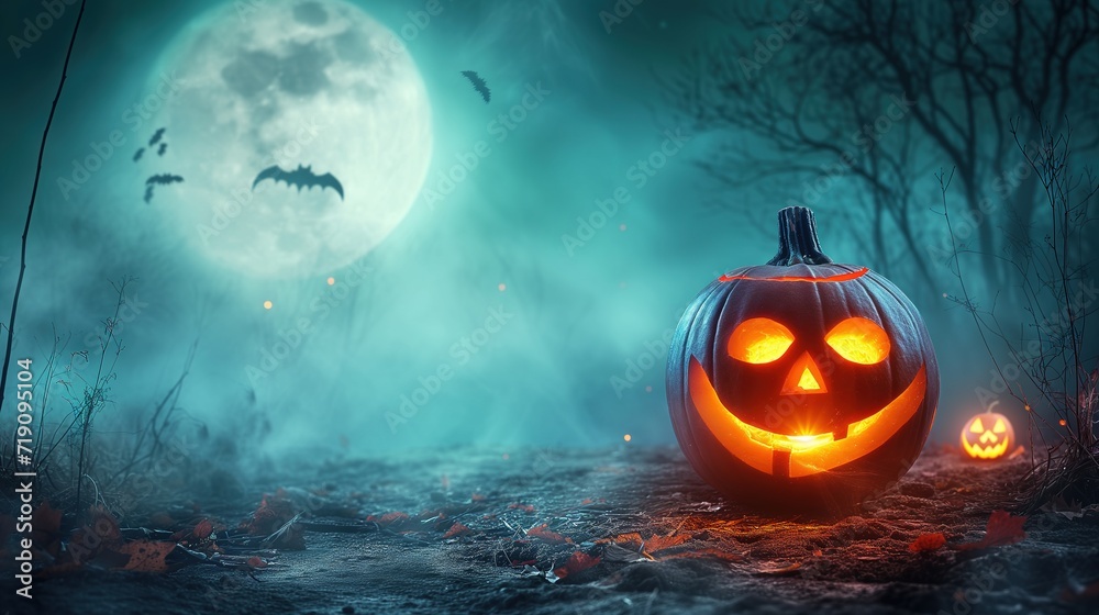 Naklejka premium Spooky Halloween Pumpkin in Moonlit Night,A carved Halloween pumpkin glows ominously under a full moon amidst a misty, eerie autumn night.