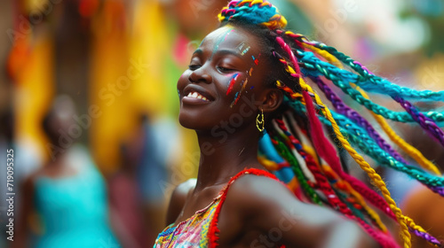 Energetic cool African woman with colourful dreadlocks dancing on the street. Holi Diwali celebration. Generative AI