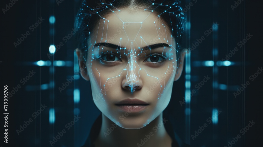 Face recognition technology scanning young businesswoman face biometric authentication, women scans Face ID for verified identities - obrazy, fototapety, plakaty 