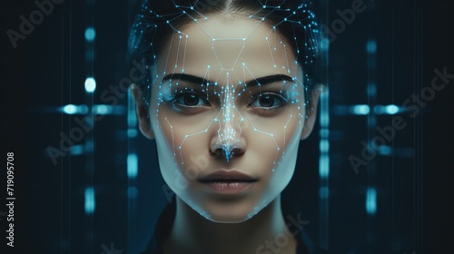 Face recognition technology scanning young businesswoman face biometric authentication, women scans Face ID for verified identities photo