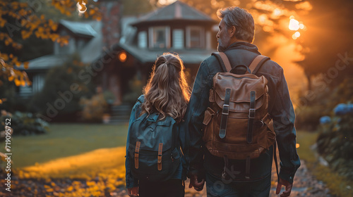 Father Walking Child to School, First Day of School, Autumn Morning Walk to School, Father-Daughter Bond