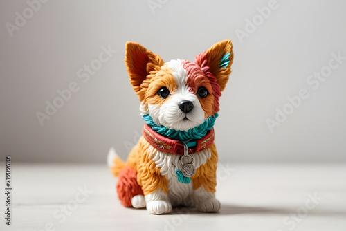 A dog figure made of clay and colorfully painted on white background
