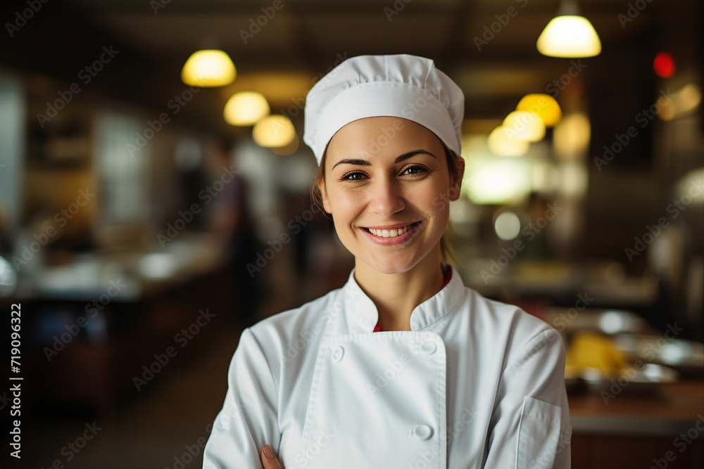 Generative ai portrait of beautiful female chef in professional kitchen setting