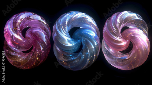 five spiral parts rendered in 3dsmax on black background, in the style of violet and azure, contemporary glass, graphic, stylized forms, modern jewelry, infinity nets, spray-paint based, playful geome photo
