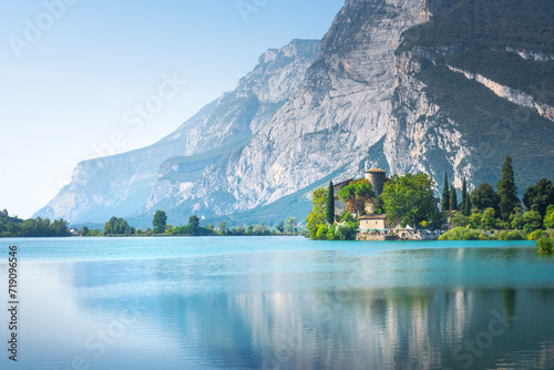 Lake Toblino and Castel Toblino and reflection. Madruzzo, Trento, Italy
