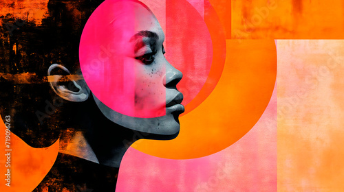 Lateral portrait of a beautiful black woman with abstract overlapping colorful circles and squares