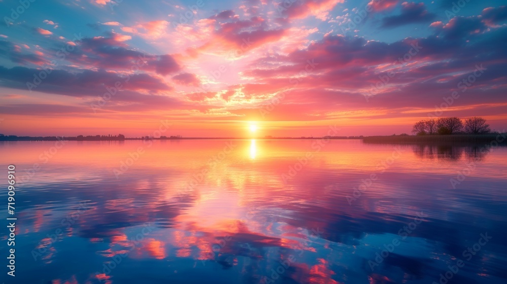  A serene sunrise over a calm lake, with reflections of vibrant colors on the water, capturing the tranquility of a new day.