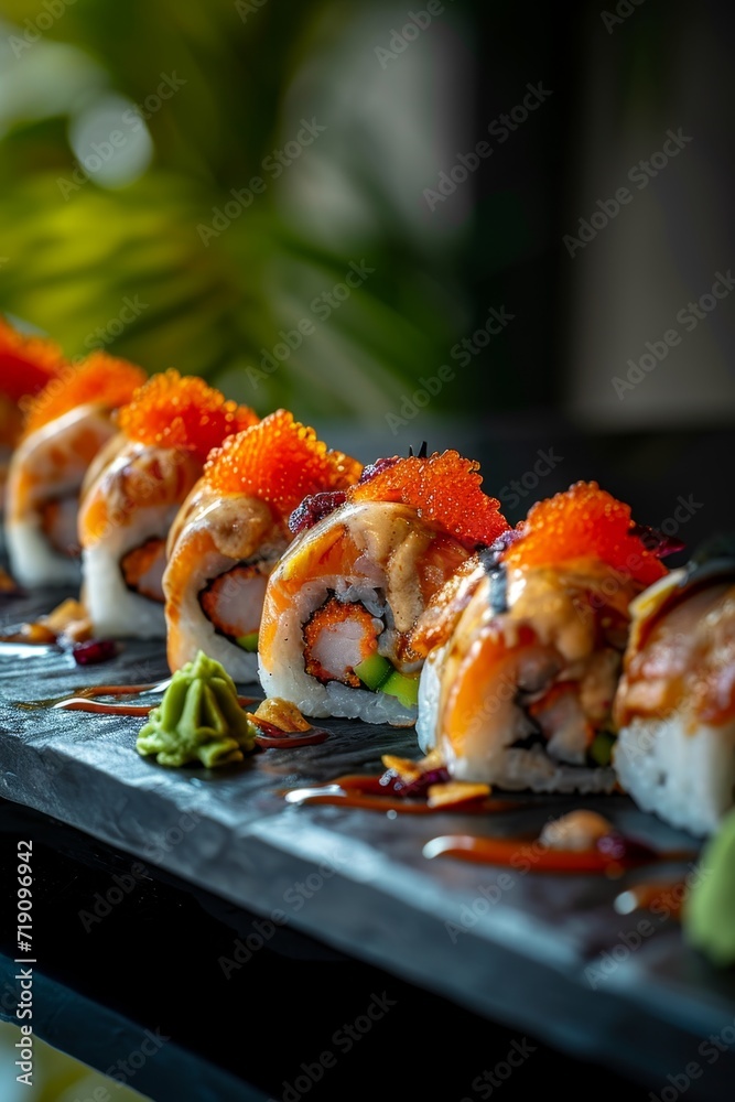 A dozen fusion sushi rolls served on an elegant platter
