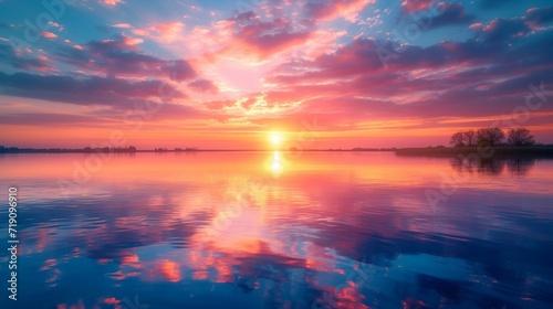  A serene sunrise over a calm lake  with reflections of vibrant colors on the water  capturing the tranquility of a new day.
