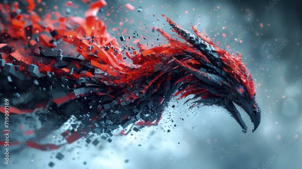 red and black flying blocks transform into a dragon red and black flying blocks transform into a dragon