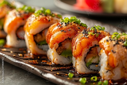 A dozen fusion sushi rolls served on an elegant platter