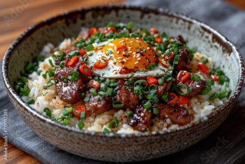 barbecue pork with light rice and egg on a plate