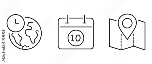 Vector flat illustration. Set of clock, calendar and geolocation icons. Gray icon on isolated on white background. Perfect for your creative idea.