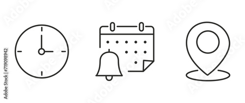 Vector flat illustration. Set of clock, calendar and geolocation icons. Gray icon on isolated on white background. Perfect for your creative idea.