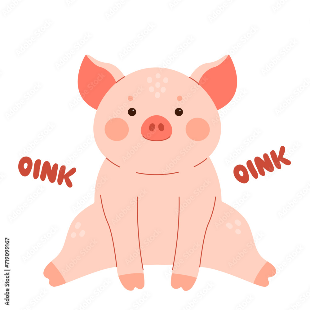 Sitting oinking pig. Cute little piglet grunts. Farm animal character flat graphic Sitting oinking pig. Cute little piglet grunts. Farm animal character flat graphic