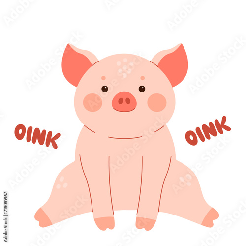 Sitting oinking pig.  Cute little piglet grunts. Farm animal character flat graphic