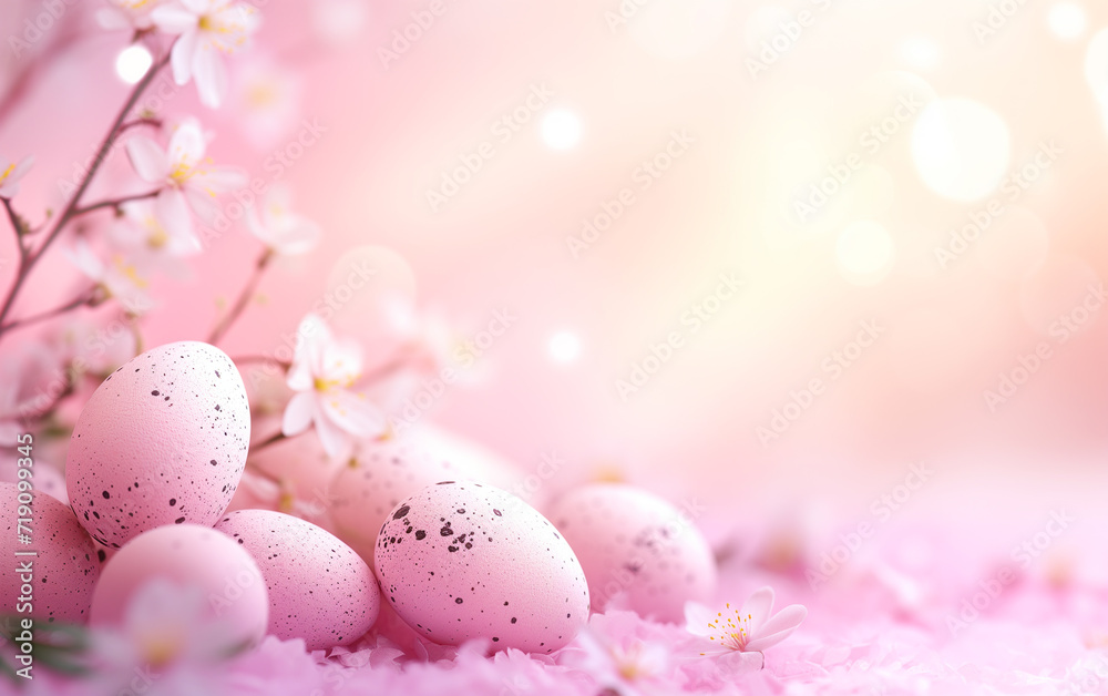 Easter eggs and spring flowers composition with pastel pink background