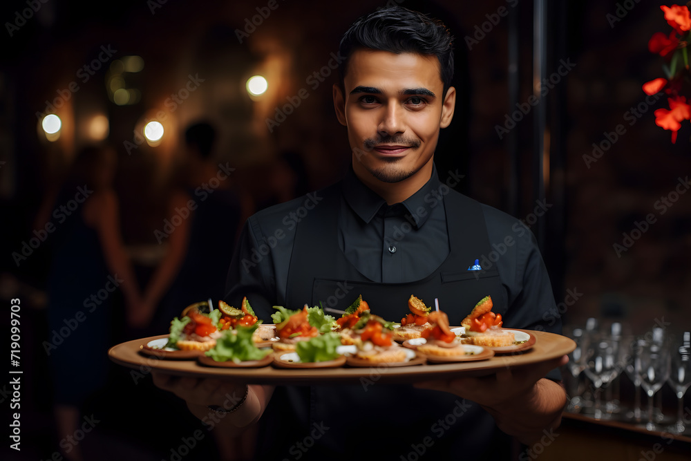 Latin waiter with a tray with appetizers