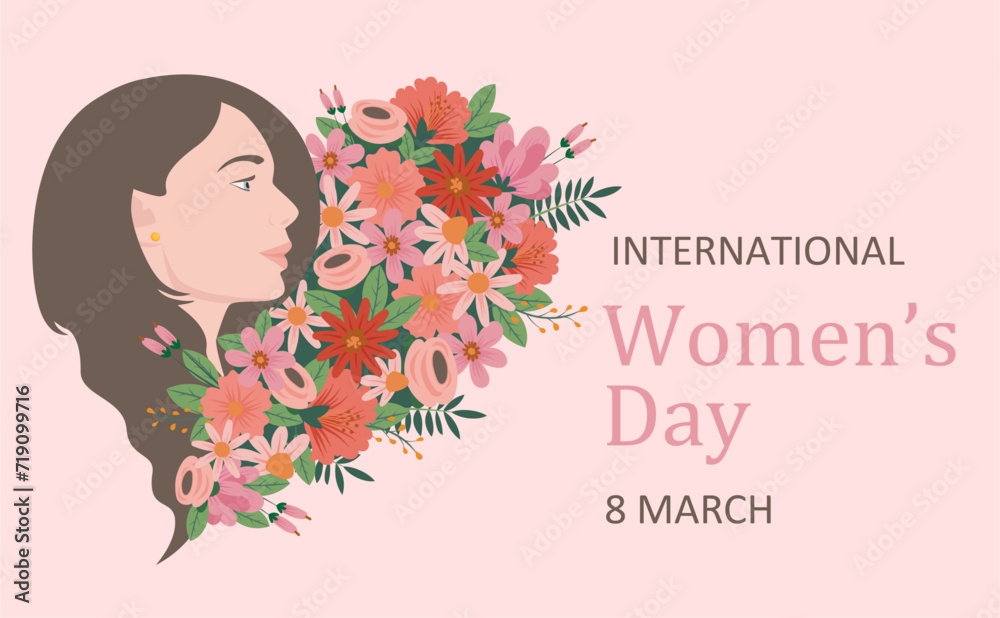 International Women's Day March 8 concept can be used for a template, web, poster, banner, flyer. Illustration of a female head with flowers