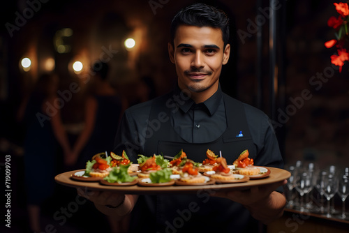 Latin waiter with a tray with appetizers