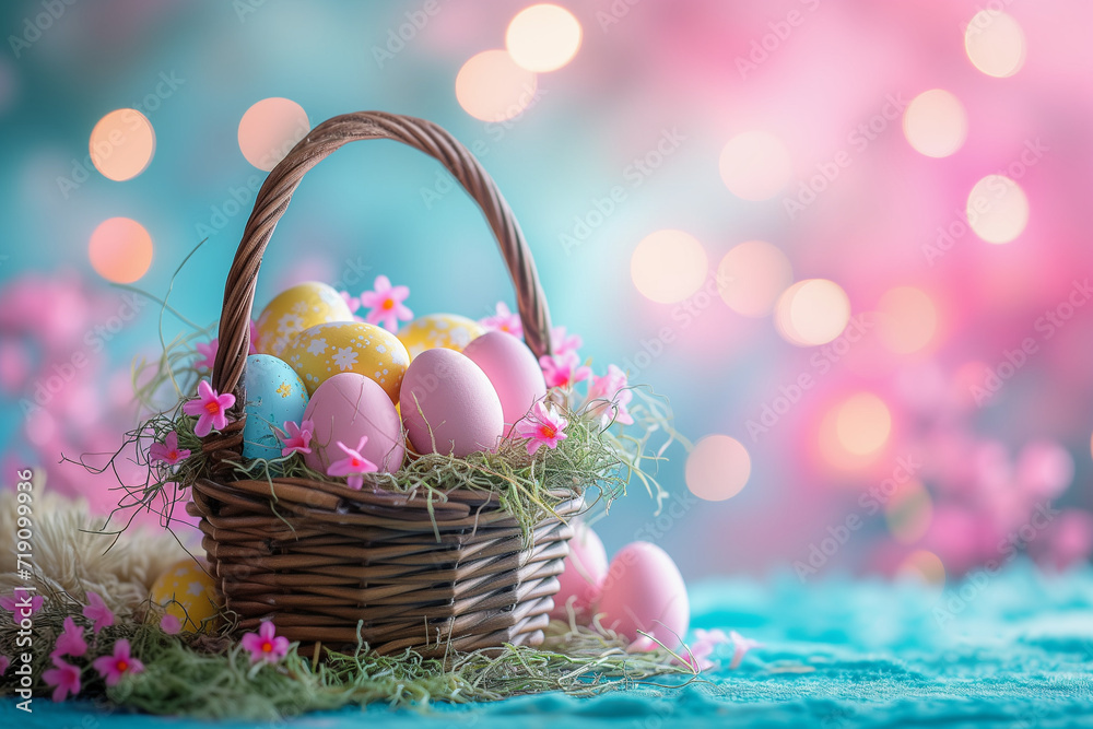 Postcard easter eggs in a basket with flowers Postcard easter eggs in a basket with flowers