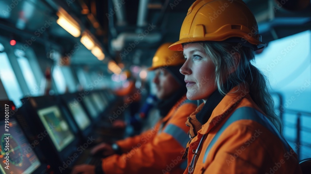 An offshore oil rig where a team of male and female workers, representing a range of ethnicities, are engaged in a strategic planning session inside the control room