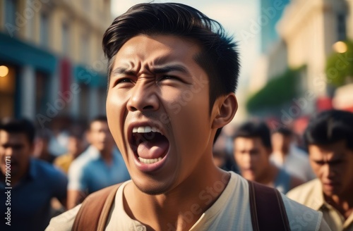 angry asian activist screaming on street, closeup. protester protesting against rights violation.