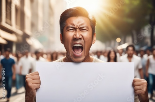 angry asian protester screaming with blank poster. activist protesting against rights violation.