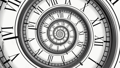 Spiral with clock watch dial horizontal. Metaphor of infinity of time. Transience of time. Limited life time. Conceptual video animation. High quality 4k footage