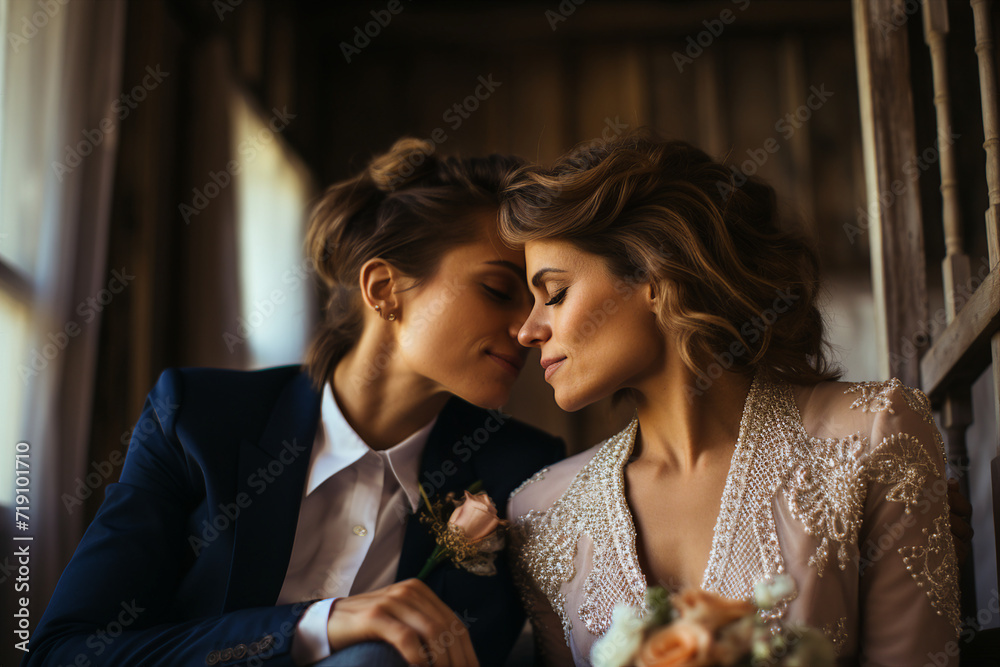 Generative ai creative collage of two people lesbian couple marrying in wedding occasion Generative ai creative collage of two people lesbian couple marrying in wedding occasion