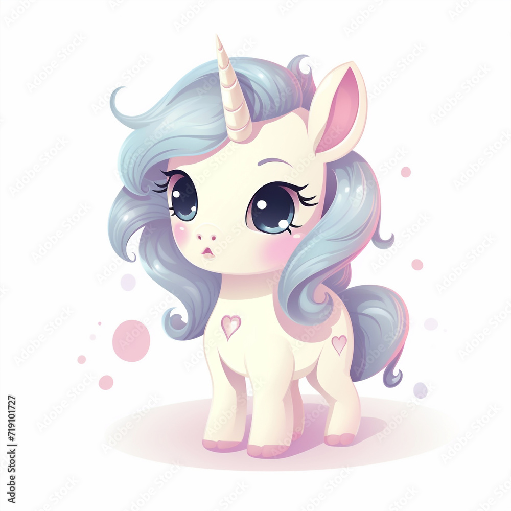 Naklejka premium Cute baby unicorn character, pastel colors, isolated flat cartoon illustration for children