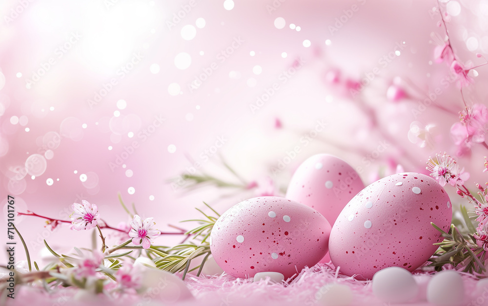 Easter eggs and spring flowers composition with pastel pink background Easter eggs and spring flowers composition with pastel pink background