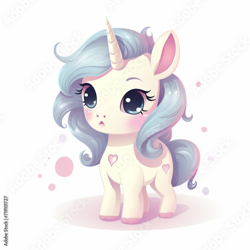 Cute baby unicorn character, pastel colors, isolated flat cartoon illustration for children