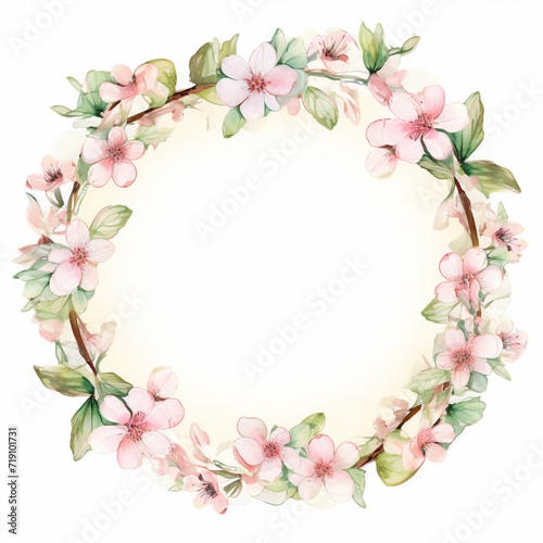 Cherry blossom floral frame, wedding invitation card, vintage style, flowers and leaves, watercolor illustration in pastel colors