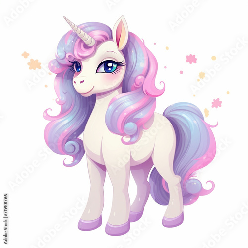 Cute baby unicorn character, pastel colors, isolated flat cartoon illustration for children