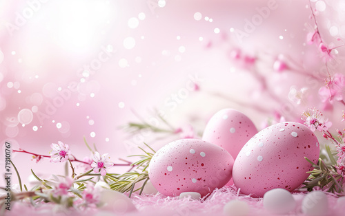 Easter eggs and spring flowers composition with pastel pink background