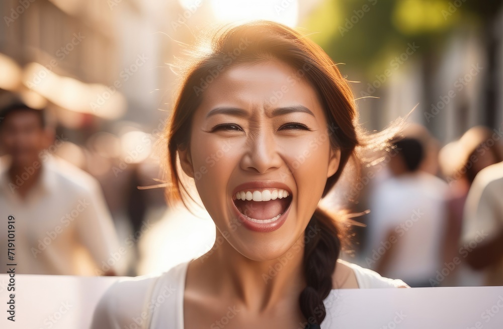 glad woman screaming with blank poster. asian activist protesting against rights violation glad woman screaming with blank poster. asian activist protesting against rights violation