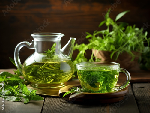 Fresh organic tea made from green grass leaves  on a wooden background